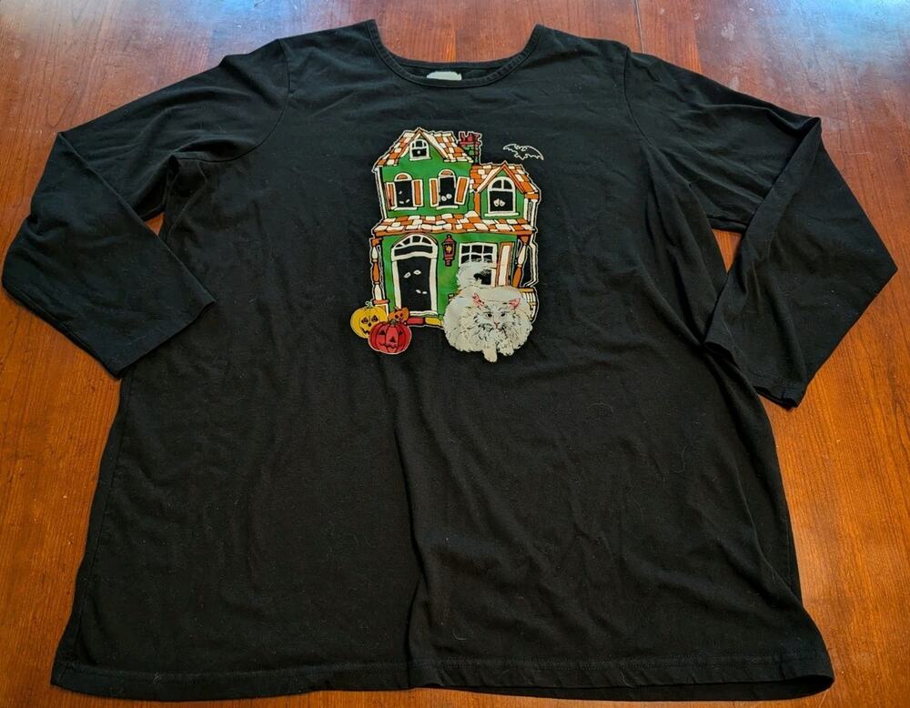 Vintage Halloween Haunted House Cat T Shirt Women's 1X Black